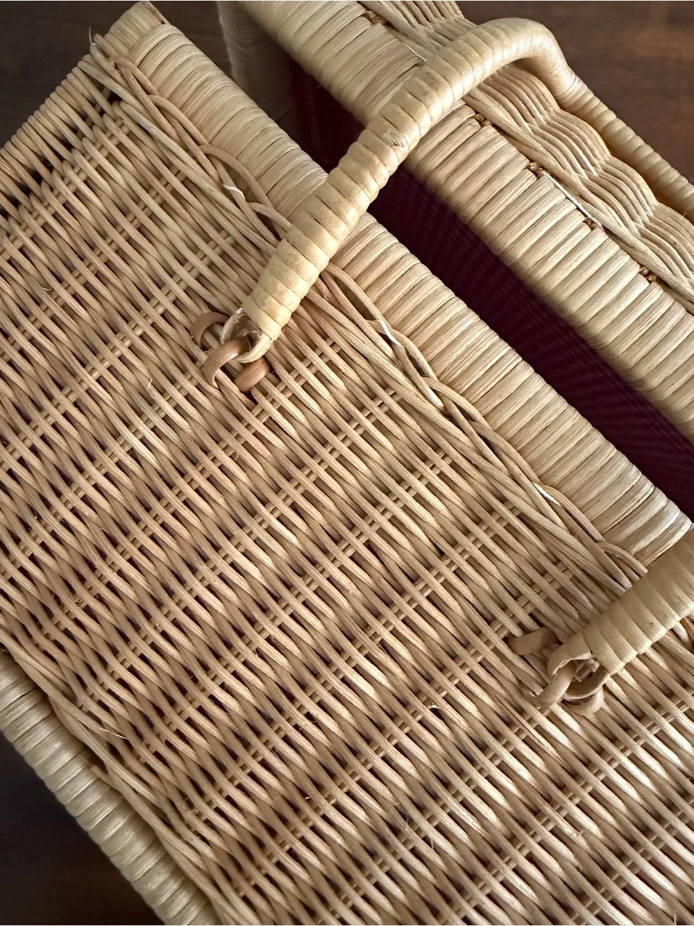 Vintage Woven Rattan Picnic Basket Red Gingham Split Lid Cottagecore BoHo